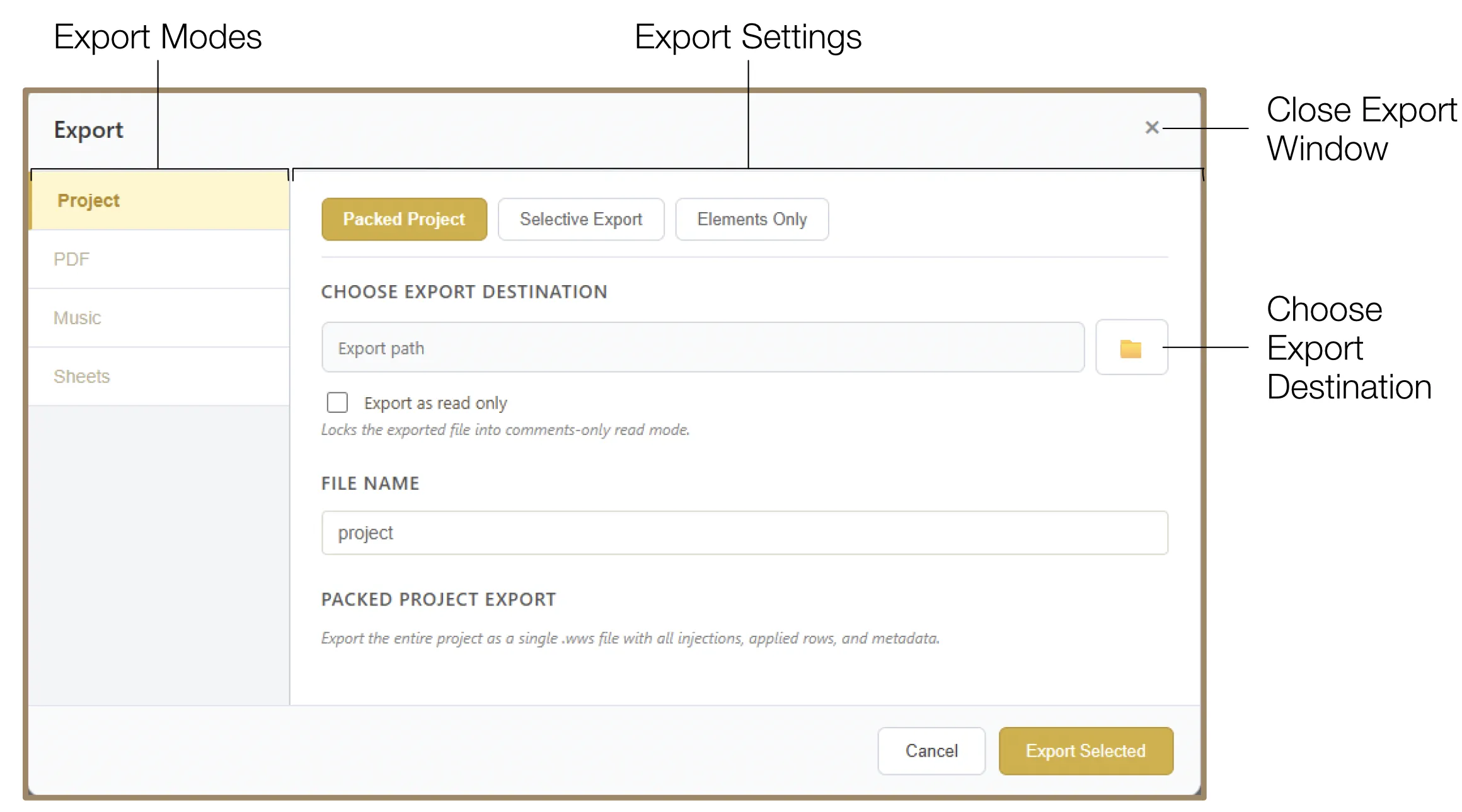 Export Window overview showing Project, PDF, Music, and Sheets modes in the sidebar